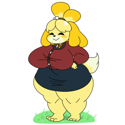 Size: 1080x1080 | Tagged: safe, artist:msprismatic, isabelle (animal crossing), canine, dog, mammal, shih tzu, anthro, animal crossing, nintendo, 2018, barefoot, big breasts, blush sticker, bottomwear, breasts, clothes, curvy, eyes closed, fur, hand on hip, hourglass figure, simple background, skirt, smiling, tail, thick thighs, thighs, white background, yellow body, yellow fur