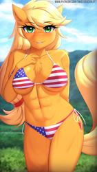 Size: 2250x4000 | Tagged: suggestive, alternate version, artist:twistedscarlett60, applejack (mlp), earth pony, equine, fictional species, mammal, pony, anthro, friendship is magic, hasbro, my little pony, 2021, 4th of july, 9:16, abs, anthrofied, belly button, bikini, blonde hair, blonde tail, blushing, breasts, cheek fluff, chest fluff, clothes, cutie mark, detailed background, ear fluff, eyebrows, eyelashes, female, flag bikini, fluff, fur, glistening, glistening body, green eyes, hair, hair tie, hand behind back, hand on chest, hatless, hip fluff, holiday, legs together, looking at you, mare, missing accessory, muscles, orange body, orange fur, outdoors, phone, shoulder fluff, side-tie bikini, smiling, smiling at you, solo, solo female, sweat, swimsuit, tail