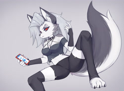 Size: 4546x3350 | Tagged: safe, artist:flong, loona (vivzmind), canine, fictional species, hellhound, mammal, anthro, digitigrade anthro, hazbin hotel, helluva boss, 2021, black nose, bottomwear, breasts, cell phone, claws, cleavage fluff, clothes, collar, colored sclera, crop top, cropped shirt, ear fluff, ear piercing, earring, eyebrow piercing, eyebrows, eyelashes, eyeshadow, female, fingerless gloves, fluff, fur, gloves, gray background, gray body, gray fur, gray hair, hair, high res, legwear, long hair, makeup, midriff, multicolored fur, paws, phone, piercing, red sclera, shoulder fluff, simple background, smartphone, solo, solo female, spiked collar, tail, tail fluff, thigh highs, thighs, toeless legwear, topwear, torn clothes, white body, white eyes, white fur