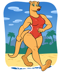 Size: 1200x1400 | Tagged: safe, artist:silverscarf, mammal, mustelid, otter, anthro, brandy & mr. whiskers, disney, barefoot, beach, breasts, clothes, cloud, feet, female, geri (brandy & mr. whiskers), lifeguard, palm tree, soles, solo, solo female, swimsuit, toes, tree, walking, water, wide hips