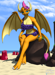 Size: 5219x7000 | Tagged: safe, artist:clear vision, smolder (mlp), dragon, fictional species, western dragon, anthro, digitigrade anthro, friendship is magic, hasbro, my little pony, 2021, absurd resolution, beach, bedroom eyes, belly button, bikini, breasts, clothes, cloud, detailed background, digital art, dragon wings, dragoness, ears, eyelashes, female, flower, flower in hair, gemstone, hair, hair accessory, horn, looking at you, ocean, open mouth, pinup, pose, purple bikini, purple swimsuit, rock, sand, scales, sharp teeth, sitting, sky, spread wings, swimsuit, tail, teeth, thighs, tongue, water, wide hips, wings