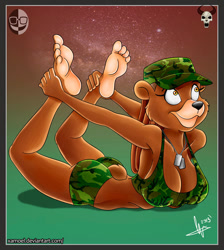 Size: 800x891 | Tagged: safe, artist:xamoel, bear, mammal, anthro, barefoot, big breasts, breasts, cleavage, clothes, feet, female, hat, military, pants, sexy, soles, solo, solo female, tight clothing, toes, yoga, yoga pants