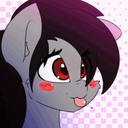 Size: 1000x1000 | Tagged: safe, artist:n0nnny, oc, oc only, equine, mammal, pony, feral, hasbro, my little pony, 2d, 2d animation, animated, blep, blowing raspberry, blushing, bust, cute, eye through hair, female, frame by frame, gif, hair, mare, red eyes, solo, solo female, squigglevision, tongue, tongue out