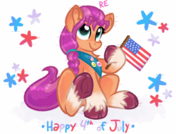 Size: 640x486 | Tagged: safe, artist:rainbow eevee, sunny starscout (mlp), earth pony, equine, fictional species, mammal, pony, feral, hasbro, my little pony, my little pony g5, spoiler, spoiler:my little pony g5, 4th of july, american flag, animated, anniversary, badges, buttons, cloven hooves, cute, digital art, female, flag, gif, grin, hair, happy, hooves, looking at you, mare, multicolored hair, sash, simple background, sitting, smiling, smiling at you, solo, solo female, stars, teal eyes, text, two toned body, two toned hair, united states of america, white background