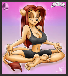 Size: 800x891 | Tagged: safe, artist:xamoel, oc, oc:leonor, big cat, feline, lion, mammal, anthro, barefoot, big breasts, breasts, cleavage, clothes, eyes closed, feet, female, hair, lioness, meditation, pants, red hair, relaxing, roes, soles, solo, solo female, tight clothing, yoga, yoga pants