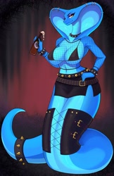 Size: 2612x4043 | Tagged: safe, artist:69_koh, oc, oc:rosaria, fictional species, reptile, snake, anthro, naga, alcohol, beer, bottomwear, bra, breasts, clothes, collar, drink, female, fishnet, huge breasts, see-through, skirt, solo, solo female, spiked belt, spiked collar, underwear