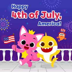 Size: 2048x2048 | Tagged: safe, official art, brooklyn (pinkfong), pinkfong (pinkfong), canine, fish, fox, mammal, shark, feral, semi-anthro, pinkfong, 4th of july, anniversary, baby, baby shark, high res, male, males only, pilot fish, trio, trio male, united states of america, william (pinkfong), young