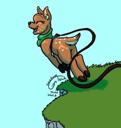 Size: 974x1029 | Tagged: safe, artist:gyrotech, artist:silent_e, edit, cervid, deer, mammal, feral, brown body, bungee jumping, color edit, female, quadraped, rope, spotted