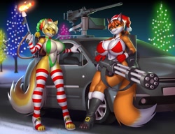 Size: 1280x985 | Tagged: suggestive, artist:pak009, oc, oc only, canine, coyote, fox, mammal, anthro, grand theft auto, rockstar games, 2019, bedroom eyes, belly button, big breasts, bikini, black nose, breasts, car, christmas, christmas lights, christmas tree, clothes, commission, conifer tree, detailed background, digital art, duo, duo female, ears, eyelashes, female, females only, flamethrower, fur, gloves, gun, hair, hat, high heel boots, high heels, holding, holiday, huge breasts, legwear, lights, long gloves, looking at you, machinegun, minigun, night, paws, santa hat, shoes, sky, sling bikini, snow, stockings, swimsuit, tail, thighs, tree, vehicle, vixen, weapon, wide hips