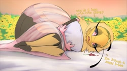 Size: 1800x1010 | Tagged: safe, artist:tffeathers, oc, oc:blossom (tffeathers), arthropod, bee, insect, anthro, 2021, big breasts, breasts, clothes, crying, dress, female, fetal position, fluff, headband, lying down, neck fluff, on ground, on side, open mouth, sad, solo, solo female, talking