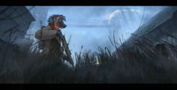 Size: 1600x815 | Tagged: safe, artist:ilya royz, oc, oc only, canine, mammal, wolf, anthro, 2021, blue eyes, building, city, clothes, cloud, detailed, digital art, digital painting, earbuds, fur, futuristic, gloves, glowing, grass, gray body, gray fur, gun, hand hold, holding, lights, low angle, male, optical sight, outdoors, realistic, rifle, side view, solo, solo male, standing, tail, weapon