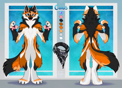 Size: 1280x925 | Tagged: safe, artist:kitakettu, oc, oc only, oc:caius (wolfeis_redfang), canine, mammal, maned wolf, anthro, digitigrade anthro, 2021, abstract background, arm fluff, bandanna, black body, black fur, black hair, blue eyes, character name, cheek fluff, chest fluff, claws, clothes, color palette, ear fluff, featureless crotch, fluff, front view, fur, gray body, gray fur, hair, leg fluff, male, neck fluff, orange body, orange fur, orange hair, paw pads, paws, rear view, reference sheet, solo, solo male, standing, tail, tail fluff, white body, white fur