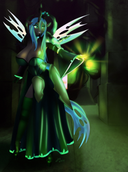 Size: 974x1300 | Tagged: suggestive, artist:jessicaelwood, queen chrysalis (mlp), arthropod, changeling, changeling queen, equine, fictional species, anthro, friendship is magic, hasbro, my little pony, anthrofied, breasts, cleavage, clothes, corset dress, dress, female, solo, solo female