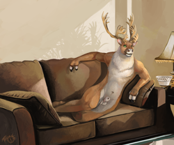 Size: 1000x833 | Tagged: suggestive, artist:trunorth, cervid, deer, mammal, reindeer, anthro, 2014, animal genitalia, antlers, balls, belly button, brown body, brown fur, complete nudity, couch, digital art, digital painting, fur, green eyes, indoors, lying down, male, nudity, on side, pillow, sheath, sheathed, solo, solo male, white body, white fur