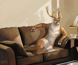 Size: 1000x833 | Tagged: safe, alternate version, artist:trunorth, cervid, deer, mammal, reindeer, anthro, 2014, antlers, belly button, brown body, brown fur, clothes, complete nudity, couch, digital art, digital painting, fur, green eyes, indoors, lying down, male, nudity, on side, pillow, scarf, solo, solo male, strategically covered, white body, white fur