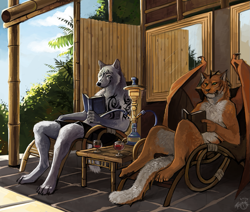 Size: 1061x900 | Tagged: safe, artist:trunorth, big cat, canine, dragon, feline, fictional species, hybrid, mammal, tiger, wolf, anthro, digitigrade anthro, 2014, body markings, book, digital art, digital painting, drink, duo, duo male, fur, glass, hookah, leaf, male, males only, orange body, orange fur, outdoors, reading, sitting, straw, table, tail, webbed wings, white body, white fur, wings