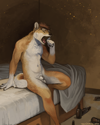 Size: 640x800 | Tagged: suggestive, alternate version, artist:trunorth, oc, oc only, canine, dog, mammal, shiba inu, anthro, 2015, animal genitalia, balls, bed, belly button, bottle, brown hair, fur, glasses, hair, indoors, male, nudity, on bed, open mouth, orange body, orange fur, sheath, sheathed, sitting, solo, solo male, tal, tongue, white body, white fur, yawning