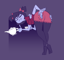 Size: 3474x3282 | Tagged: suggestive, artist:mythabyss, muffet (undertale), arachnid, arthropod, spider, anthro, humanoid, cc by-nc, creative commons, undertale, bent over, black eyes, black hair, black outline, blue skin, bottomwear, bow, butt, butt focus, butt grab, butt slap, clothes, digital art, drawing, fangs, female, flat colors, gray skin, hair, hair bow, heels, high res, illustration, looking at you, looking back, multiple arms, multiple eyes, pigtails, purple background, rear view, self spank, sharp teeth, simple background, skin, skirt, solo, solo female, standing, tea cup, tea pot, teeth