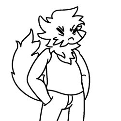 Size: 800x800 | Tagged: safe, artist:gandergeist, oc, oc only, canine, mammal, wolf, anthro, 2021, black and white, bottomwear, clothes, doodle, eyes closed, fluff, frowning, grayscale, hands in pockets, male, monochrome, neck fluff, pants, shirt, simple background, solo, solo male, tail, topwear, white background