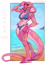 Size: 2873x3905 | Tagged: safe, artist:lbt9000, reptile, snake, anthro, beach, big breasts, bikini, breasts, clothes, female, glasses, high res, round glasses, scales, solo, solo female, sunglasses, swimsuit, tail