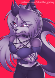 Size: 600x850 | Tagged: safe, artist:shad0w-galaxy, loona (vivzmind), canine, fictional species, hellhound, mammal, anthro, hazbin hotel, helluva boss, 2021, angry, arms under breasts, big breasts, black nose, bottomwear, breasts, cleavage, clothes, collar, colored sclera, crossed arms, ear fluff, ear piercing, earring, eyebrows, eyelashes, eyeshadow, female, fluff, fur, glowing, glowing eyes, gray body, gray fur, gray hair, gritted teeth, hair, long hair, looking at you, makeup, multicolored fur, panties, piercing, red sclera, solo, solo female, spiked collar, tail, tail fluff, teeth, topwear, torn clothes, underwear, white body, white eyes, white fur