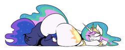 Size: 4176x1664 | Tagged: suggestive, artist:mythabyss, princess celestia (mlp), princess luna (mlp), alicorn, equine, fictional species, mammal, pony, cc by-nc, creative commons, friendship is magic, hasbro, my little pony, big butt, black outline, blue body, blue fur, blue tail, blushing, butt, butt focus, butt squish, cutie mark, dark blue body, digital art, drawing, duo, duo female, eyes closed, facesitting, female, females only, funny porn, fur, hair, horn, huge butt, illustration, incest, lying down, mane, prone, rear view, signature, simple background, sleeping, smiling, sparkly mane, tail, tiara, white background, white body, white fur, wings