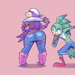 Size: 2000x2000 | Tagged: suggestive, artist:mythabyss, jet the hawk (sonic), wave the swallow (sonic), bird, bird of prey, hawk, songbird, swallow, anthro, plantigrade anthro, cc by-nc, crash bandicoot (series), creative commons, sega, sonic the hedgehog (series), bandanna, beak, big butt, bipedal, black outline, blue eyes, bottomwear, butt, butt focus, clothes, digital art, drawing, duo, duo male and female, feathers, female, fingerless gloves, flat colors, frowning, funny, gloves, green feathers, hand on hip, hands, high res, illustration, jetave (sonic), male, male/female, pants, partial nudity, pink background, purple feathers, rear view, shipping, shirt, shoes, signature, simple background, standing, sword, topless, topwear, weapon, wide hips