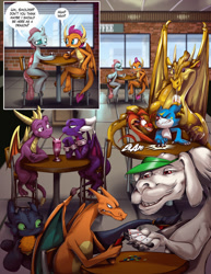 Size: 1000x1294 | Tagged: safe, artist:nauyaco, cynder the dragon (spyro), mushu (mulan), ocellus (mlp), smolder (mlp), spyro the dragon (spyro), toothless (httyd), arthropod, changedling, changeling, charizard, dragon, eastern dragon, equine, fictional species, veemon, western dragon, anthro, feral, digimon, disney, dreamworks animation, friendship is magic, hasbro, how to train your dragon, mulan, my little pony, nintendo, pokémon, spyro the dragon (series), the legend of spyro, 2021, arm wrestling, cafe, card, chair, comic, crossover, dialogue, digital art, dragon wings, dragoness, ears, falkor (the neverending story), female, fur, group, horn, male, milkshake, shipping, sitting, speech bubble, spread wings, starter pokémon, table, tail, talking, text, the neverending story, wings