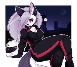 Size: 1477x1274 | Tagged: safe, artist:tanookiluna, loona (vivzmind), canine, fictional species, hellhound, mammal, anthro, hazbin hotel, helluva boss, 2021, black nose, black outline, blushing, border, breasts, chest fluff, clothes, collar, colored sclera, commission, cute, double outline, ear fluff, ear piercing, earring, ears, eyebrow piercing, eyebrows, eyelashes, eyeshadow, female, fluff, fur, gray body, gray fur, gray hair, hair, hair over one eye, heart, long hair, love heart, makeup, moon, motorcycle helmet, multicolored fur, night, piercing, red sclera, smiling, solo, solo female, speech bubble, spiked collar, tail, tail fluff, torn ear, white body, white border, white eyes, white fur, white outline