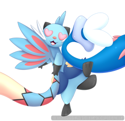 Size: 850x819 | Tagged: safe, artist:scarlett-sketches, dewott, fictional species, mammal, milotic, primarina, reptile, feral, nintendo, pokémon, 2018, between tails, commission, defeated, dominant, dominant female, faceless female, female, fins, group, heart, heart eyes, love heart, male, male/female, offscreen character, open mouth, sandwiched, scales, simple background, starter pokémon, tail, transparent background, trio, wingding eyes