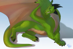 Size: 1280x866 | Tagged: safe, artist:famir, dragon, fictional species, reptile, scaled dragon, western dragon, feral, 2020, claws, cream body, cream scales, green body, green eyes, grin, horns, looking at you, lying down, male, on side, reptile feet, reptile soles, sharp teeth, signature, soles, solo, solo male, tail, teeth, webbed wings, wings