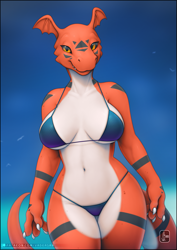 Size: 1061x1500 | Tagged: safe, artist:vader-san, fictional species, guilmon, anthro, digimon, 2020, bedroom eyes, belly button, big breasts, bikini, body markings, breasts, claws, cleavage, clothes, eyelashes, facial markings, female, looking at you, orange eyes, red body, smiling, smiling at you, solo, solo female, swimsuit, teeth, thick thighs, thighs, two toned body, white body