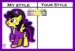 Size: 2365x1629 | Tagged: safe, artist:mrstheartist, oc, oc only, oc:alexandra cloudy 2.0, equine, fictional species, mammal, pegasus, pony, feral, friendship is magic, hasbro, my little pony, base used, black outline, cap, clothes, cute, digital art, female, hat, hoodie, meme, my style your style, ocbetes, topwear