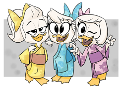 Size: 998x708 | Tagged: safe, artist:cjzilla88, june duck (disney), may duck (disney), webby vanderquack (ducktales), bird, duck, waterfowl, anthro, disney, ducktales, ducktales (2017), mickey and friends, spoiler:the last adventure (ducktales 2017), 2d, beak, bow, feathers, female, females only, hair bow, looking at you, one eye closed, open beak, open mouth, smiling, smiling at you, trio, trio female, white feathers, winking, young