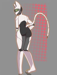 Size: 962x1280 | Tagged: suggestive, artist:panpanstudio, oc, oc only, cat, feline, fictional species, mammal, robot, anthro, plantigrade anthro, cc by-nc, creative commons, abstract background, barefoot, bipedal, black body, black outline, butt, colored outline, double outline, ears, female, gray background, gray body, green eyes, illustration, looking at you, looking back, looking back at you, nudity, rear view, solo, solo female, spiked tail, standing, tail, toes, visor, white body, yellow outline