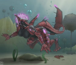Size: 1300x1107 | Tagged: suggestive, artist:dragonnetstorm, oc, oc only, oc:casey flynn, android, arthropod, crab, crustacean, fictional species, fish, hybrid, robot, shark, synth, anthro, plantigrade anthro, cc by-nc, creative commons, 2020, black body, black sclera, bomb, breasts, bubbles, claws, colored sclera, commission, drawing, ears, feet, female, grin, hair, hands, illustration, naval mine, nudity, pink eyes, pink hair, pointy ears, red body, seaweed, sharp teeth, short hair, solo, solo female, spines, swimming pool, tail, tail fin, teeth, toes, underwater, water, watermark, webbed feet, webbed hands, webbed toes