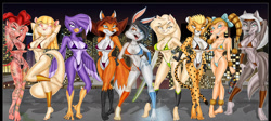 Size: 1600x717 | Tagged: suggestive, alternate version, artist:xamoel, edit, oc, oc only, bird, bird of prey, canine, cheetah, dog, falcon, feline, fox, lagomorph, mammal, mink, mustelid, poodle, rabbit, wolf, anthro, plantigrade anthro, armpits, arms behind head, barefoot, beak, bedroom eyes, belly button, big breasts, bikini, black nose, breasts, buckteeth, clothes, cropped, digital art, ears, eyelashes, feathers, feet, female, females only, fur, group, hair, hand on hip, looking at you, micro bikini, one eye closed, open mouth, pink nose, pinup, pose, raised leg, sharp teeth, smiling, smiling at you, spotted body, spotted fur, superhero, supervillain, swimsuit, tail, tattoo, teeth, thighs, tongue, vixen, wide hips