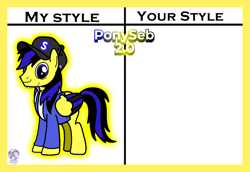 Size: 2365x1629 | Tagged: safe, artist:mrstheartist, oc, oc only, oc:ponyseb 2.0, equine, fictional species, mammal, pegasus, pony, feral, friendship is magic, hasbro, my little pony, base used, black outline, cap, clothes, glowing, hat, hoodie, my style your style, topwear