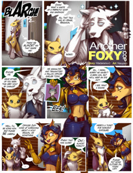 Size: 1000x1294 | Tagged: safe, artist:nauyaco, carmelita fox (sly cooper), legoshi (beastars), canine, fictional species, fox, mammal, renamon, wolf, anthro, comic:legosi and renamon, beastars, digimon, sly cooper (series), 2019, black nose, black sclera, bottomwear, breasts, clothes, cloud, colored sclera, comic, commission, crossover, crossover shipping, dialogue, digital art, ears, eyelashes, eyes closed, female, floppy ears, fluff, fur, gloves, group, jacket, looking at each other, male, male/female, neck fluff, open mouth, pants, sharp teeth, shipping, shirt, shrunken pupils, sky, speech bubble, sweat, sweatdrop, tail, talking, tank top, teeth, text, toilet, tongue, topwear, trio, unamused, vixen, vomit, waving
