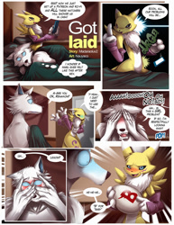 Size: 1000x1294 | Tagged: suggestive, artist:nauyaco, legoshi (beastars), canine, fictional species, mammal, renamon, wolf, anthro, comic:legosi and renamon, beastars, digimon, 2019, aftersex, bed, bed sheets, black nose, black sclera, blushing, bottomwear, cell phone, clothes, colored sclera, comic, commission, covering face, crossover, crossover shipping, dialogue, digital art, duo, ears, egg, evening gloves, eyelashes, female, floppy ears, fluff, fur, gloves, imminent sex, implied birth, long gloves, looking at each other, lying down, lying on bed, male, male/female, neck fluff, now you fucked up, nudity, on bed, open mouth, pants, phone, pillow, sharp teeth, shipping, shirt, shocked, shrunken pupils, sitting, smartphone, speech bubble, tail, talking, teeth, text, tongue, topwear