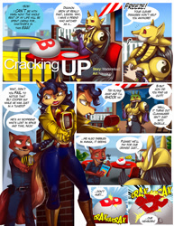 Size: 1000x1294 | Tagged: safe, artist:nauyaco, carmelita fox (sly cooper), legoshi (beastars), canine, fictional species, fox, mammal, renamon, sakuyamon, wolf, anthro, comic:legosi and renamon, beastars, digimon, sly cooper (series), 2019, armor, black nose, bottomwear, car, chair, clothes, comic, commission, crossover, crossover shipping, dialogue, digital art, ears, eating, eyelashes, female, food, fur, gloves, hands up, jacket, looking at each other, male, male/female, open mouth, pants, sandwich, sharp teeth, shipping, shirt, shocked, shrunken pupils, sitting, speech bubble, tail, talking, tank top, taser, teeth, text, tongue, topwear, vehicle, vixen