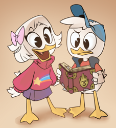 Size: 500x550 | Tagged: safe, artist:thegreatrouge, dipper pines (gravity falls), huey duck (disney), mabel pines (gravity falls), webby vanderquack (ducktales), bird, duck, waterfowl, anthro, disney, ducktales, ducktales (2017), gravity falls, mickey and friends, 2d, beak, bird feet, bow, clothes, cosplay, crossover, digital art, duo, feathers, female, hair bow, hat, journal, male, open beak, open mouth, reading, sweater, topwear, white feathers, young