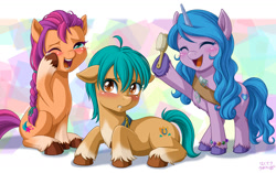 Size: 1280x805 | Tagged: safe, artist:uotapo, hitch trailblazer (mlp), izzy moonbow (mlp), sunny starscout (mlp), earth pony, equine, fictional species, mammal, pony, unicorn, feral, hasbro, my little pony, my little pony g5, spoiler, spoiler:my little pony g5, abstract background, blaze (coat marking), blue body, blue eyes, blue fur, blue hair, blue tail, blushing, bracelet, braid, brush, cloven hooves, coat markings, crying, cute, cutie mark, eyes closed, facial markings, female, females only, floppy ears, fluff, fur, green hair, green tail, group, hair, hoof fluff, hooves, jewelry, laughing, loose hair, makeup, male, mare, multicolored fur, open mouth, orange body, orange eyes, orange fur, pale belly, pink hair, pink tail, sash, sitting, socks (coat markings), stallion, tail, tears of joy, trio, trio female, unshorn fetlocks, white body, white fur, yellow body, yellow fur