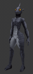 Size: 374x829 | Tagged: suggestive, artist:dtstat, oc, oc only, oc:veka, anthro, plantigrade anthro, cc by-nc, creative commons, 3d, barefoot, bipedal, butt, digital art, featureless crotch, female, flat chest, gray background, gray body, hands, low poly, low poly 3d, nudity, orange eyes, rotation, sharp teeth, simple background, solo, solo female, spinning, teeth