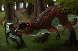 Size: 1200x788 | Tagged: safe, artist:cultmastersleet, dinosaur, raptor, theropod, tyrannosaurus rex, feral, ambiguous gender, digital art, duo, forest, licking, scenery, tongue, tongue out