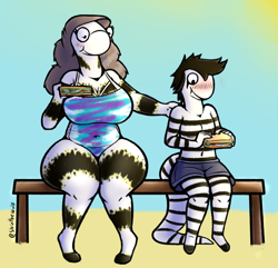 Size: 1036x1000 | Tagged: suggestive, artist:wolfenstein, oc, oc only, eel, fish, anthro, plantigrade anthro, cc by-nc, creative commons, barefoot, beach, belly button, bench, big breasts, black hair, black outline, blushing, bottomwear, breasts, brown hair, cleavage, clothes, commission, commissioner:mya, digital art, drawing, duo, eating, female, food, glasses, hair, hand on back, hands, illustration, long hair, male, outdoors, partial nudity, round glasses, sandwich, short hair, shorts, signature, sitting, sky, striped body, tail, thick thighs, thighs, topless, white body, wide hips