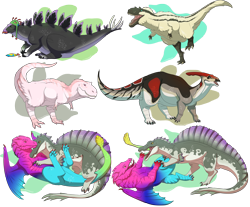 Size: 2500x2074 | Tagged: safe, artist:cultmastersleet, dinosaur, duck-billed dinosaur, parasaurolophus, raptor, reptile, spinosaurus, stegosaurus, theropod, tyrannosaurus rex, feral, ambiguous gender, ambiguous only, clothes, digital art, group, hat, high res, open mouth, solo