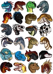 Size: 921x1280 | Tagged: safe, artist:cultmastersleet, carnotaurus, ceratops, dinosaur, duck-billed dinosaur, iguanodon, parasaurolophus, raptor, reptile, spinosaurus, theropod, triceratops, tyrannosaurus rex, ambiguous form, ambiguous gender, ambiguous only, bust, digital art, group, open mouth, portrait, smiling, solo, solo ambiguous