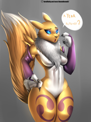 Size: 1200x1600 | Tagged: safe, artist:doomxwolf, fictional species, renamon, anthro, digimon, 2016, armwear, black nose, black sclera, blue eyes, body markings, breasts, chest fluff, claws, colored sclera, dialogue, digital art, ears, eyebrows, eyelashes, facial markings, featureless breasts, featureless crotch, female, fluff, fur, glowing, glowing eyes, index get, multicolored fur, open mouth, question mark, solo, solo female, speech bubble, tail, tail fluff, talking, thick thighs, thighs, tongue, two toned body, two toned fur, white body, white fur, yellow body, yellow fur