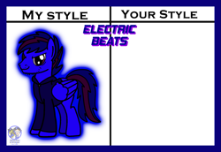 Size: 2365x1629 | Tagged: safe, artist:mrstheartist, oc, oc only, oc:electric beats, equine, fictional species, mammal, pegasus, pony, feral, hasbro, my little pony, black outline, blue body, bright colors, clothes, digital art, hoodie, looking at you, my style your style, purple eyes, topwear